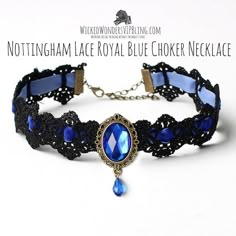 Chokers are one of the newest fashion trends 💎  Our Nottingham Lace Choker comes in 3 different colors! 👏  This choker lies comfortably on the neck with a lace and ribbon "chain" 💙 http://bit.ly/2Pq0iPt Kalung Choker, Black Lace Necklace, Blue Choker Necklace, Tattoo Choker Necklace, Gothic Choker Necklace, Handmade Choker Necklace, Black Lace Choker, Lace Choker Necklace, Blue Choker