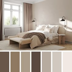 a bedroom is shown with neutrals and browns