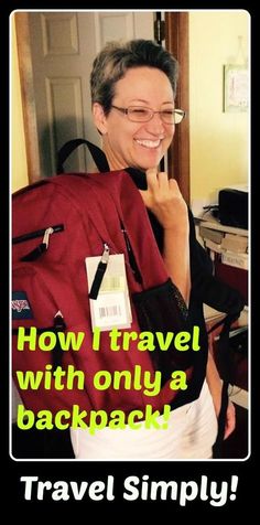 a woman is smiling and holding onto her backpack with the words how travel with ohy & backpack on it