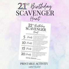 the 21st birthday scavenger hunt printable activity is displayed on a watercolor background