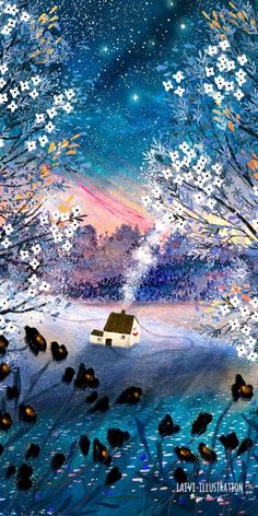 a painting of trees in the snow at night