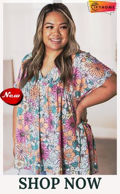 Multicolor Plus Size Summer Floral Print V Neck Blouse Colorful V-neck Blouse For Beach, Colorful V-neck Blouse For Vacation, Multicolor Floral Print V-neck Top, Multicolor Floral Print V-neck Blouse, Spring V-neck Top With Colorful Pattern, Colorful V-neck Blouse For The Beach, Multicolor V-neck Top For Spring, Multicolor Printed V-neck Blouse, Casual Multicolor V-neck Blouse