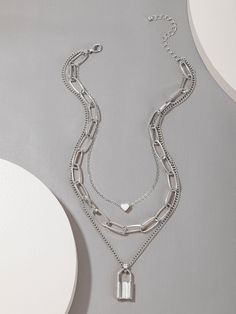 Style: Punk & Grunge.PreppyJewelry Material: Zinc Alloy Heavy Chain Necklace, Triple Chain Necklace, Triple Layer Necklace, Padlock Necklace, Layered Necklaces Silver, Trending Necklaces, Stacked Necklaces, Lock Necklace, Layered Necklace