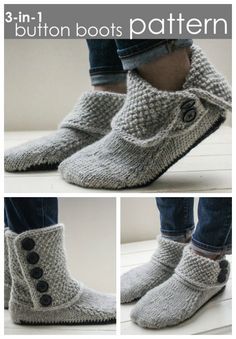 three photos of someones feet wearing knitted slippers with buttons on the bottom