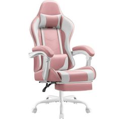 a pink and white office chair sitting on top of a desk