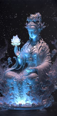 a blue buddha statue sitting on top of a body of water holding a white flower