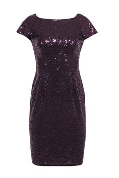 Current Boutique-David Meister - Plum Sequined Dress w/ Knotted Back Sz 6 Embellished Purple Sequin Cocktail Dress, Luxury Fitted Purple Sequin Dress, Luxury Knee-length Sequined Midi Dress, Fitted Purple Sequin Fabric With Contrast Sequins, Elegant Embellished Purple Sequin Fabric, Sequined Dress, Metallic Heels, Size 6 Dress, Purple Hues