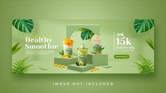 an advertisement for healthy smoothie with tropical leaves and fruits on the display stand,