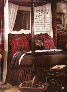 an advertisement for the highland manor bed and breakfast room furniture collection, featuring plaid bedspreads