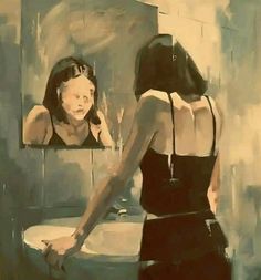 a painting of a woman brushing her teeth in front of a mirror with the reflection of herself