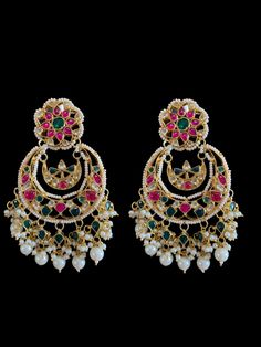 earrings Long and carries weight , comes with pair of ear supports Lengte is 3.8 inches and carries weight Made using pachi kundan , navratan or multicolor , shell pearls used 22ct gold plated Kundan Chandbali, Earrings With Pearls, Silver Jewelry Earrings, Kundan Earrings, Silver Jewelry Pendant, Jewelry Design Necklace, Earrings Long, Indian Jewellery, Gold Plated Earrings