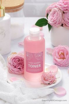 See how to make a simple soothing DIY rose water toner and learn the benefits for skin of rose toner. The easy homemade facial toner is made with natural ingredients, without witch hazel, apple cider vinegar (acv) or essential oils. The best fresh face toner is a great for natural skin care. The DIY face tonic is astringent and provides deep hydration. The toner is good for sensitive, dry, oily, combination, mature and normal skin. Inc tips for how to use and packaging. | CountryHillCottage.com Homemade Lip Balm Recipe, Rose Hydrosol