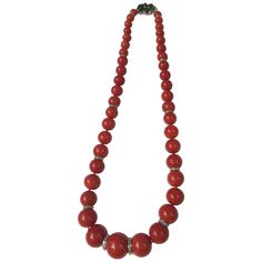 Beautiful natural red coral bead necklace with 12 diamond roundels spacer. Platinum clasp with 5 carved emerald, 1 jadeite and 8 diamonds. Coral beads are ranged from 15.5 mm diameter to 7.35 mm. Total length of necklace is 18.75 inches. Total weight of necklace is 78.8 grams. Carved Emerald, Conch Pearl, Water Pearl Necklace, Coral Beads Necklace, Necklaces Beaded, Round Bead Necklace, Artisan Bracelets, Vintage Beads Necklace, Bead Necklaces