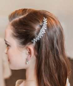 Achieve the look of fine jewelry in your hair with this uniquely designed bridal comb featuring a mosaic pattern of faceted cubic zirconia stones in marquise and round shapes. This piece is perfect as a side or back clip accessory. Measures a bold size at 3 3/4" wide and 1 1/4" tall. The exquisite wedding hair comb was designed with the sparkle of rhinestones and the diamond-like brilliance of the cubic zirconia. Matches beautifully with the Camilla wedding jewelry collection. This bridal hair a Hair Pulled To The Side, Crystal Comb, Bridal Clip, Crystal Hair Comb, Wedding Hair Comb, Bridal Comb, Wedding Jewellery Collection, Hair Comb Wedding, Star Wedding