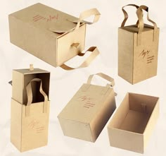 four different boxes with handles and straps on each side, one open to show the inside