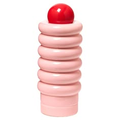 a pink object with a red ball on top is in front of a white background