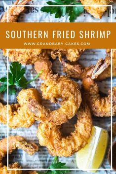 fried shrimp with parsley on top and the words southern fried shrimp overlayed