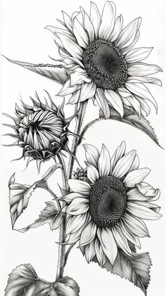 a black and white drawing of three sunflowers