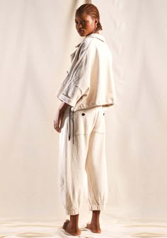 Lurdes Bergada Oversized Drop Shoulder Cropped Jacket - Off White Cropped Sleeves, Fit Details, Cold Air, Cropped Jacket, Barcelona Spain, Crop Jacket, Drop Shoulder, Air Dry, Denim Jacket