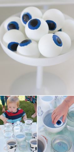 there are pictures of eggs with blue eyes on them and one is in a bowl