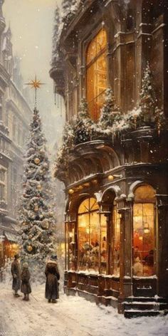 a painting of people walking down a snowy street in front of a building with a christmas tree