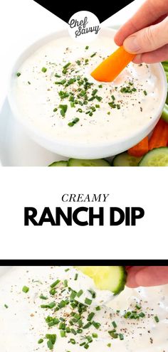 a person dipping ranch dip into a bowl