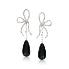 Ross-Simons - Black Onyx and 1.20 ct. t. w. Cubic Zirconia Bow Drop Earrings in Sterling Silver. Sleek black onyx teardrop earrings are sweetened by 1.20 ct. t. w. brilliant-cut CZ bows in sterling silver. Hanging length is 2 1/2". Post/clutch, CZ and black onyx drop earrings. CZ weights are diamond equivalents. Luxury Black Diamond Earrings For Formal Occasions, Black Diamond Earrings With Accents For Formal Events, Black Diamond Earrings With Accents For Formal Occasions, Black Diamond Earrings For Formal Occasions, Elegant Black Diamond Earrings In Sterling Silver, Black Cubic Zirconia Earrings For Evening, Elegant Black Earrings For Formal Occasions, Elegant Black Formal Earrings, Black Diamond Earrings For Party