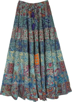 A beautiful multi-panel long skirt with a good fall and floral blue prints. The skirt has an elastic waist with a tassel drawstring. #tlb #Patchwork #MaxiSkirt #Printed #TieredSkirt #Summerskirt Blue Patchwork Maxi Skirt For Spring, Blue Bohemian Long Skirt, Blue Long Patchwork Skirt, Blue Patchwork Maxi Skirt For Summer, Blue Long Skirt For Festival, Blue Patchwork Long Skirt, Blue Flowy Maxi Skirt For Festivals, Blue Floral Print Bottoms For Festival, Festival Blue Lined Maxi Skirt