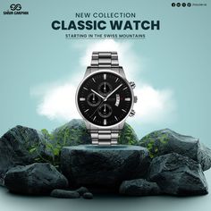 a watch sitting on top of a pile of rocks with the words, new collection classic watch starting in the swiss mountains