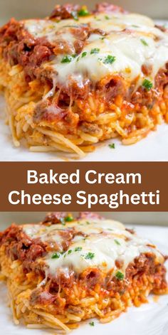 baked cream cheese spaghetti with meat sauce and parmesan cheese on top is shown