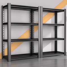 an empty metal shelf with yellow tape on the bottom and two black shelving units behind it