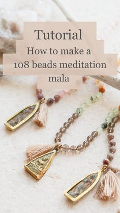 "Tutorial How to Make a Japa Mala Necklace 108 beads by Sussi Norberg. You will learn how to make your own Mala Necklace today with this instant pdf download. Traditionally, a mala has 108 beads, which assists in counting your mantras during Japa meditation. Using a mala can help you be intentional with your meditation and yoga practice. Mala necklaces aren't just for yogis or people who want to further their spiritual health. Beginners can use them as tools to start practicing meditation.  \" I have been working as a high quality jewelry and mala designer in my own brand for more than 10 years, and in this tutorial will teach you how to create your own beautiful hand-knotted malas.\" -Sussi- You will receive: - A professional pdf with written instructions and photos to show how to make yo Mala Necklace Design, Mala Necklace Diy, Practicing Meditation, Mala Beads Diy, Mala Jewelry, Knotted Mala, Mala Bead Necklace, Be Intentional, Wrist Mala