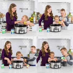 a woman and two children are cooking in an instant pressure cooker with the lid open