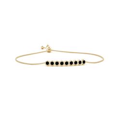 This elegant 14k yellow gold Natori bracelet features round black onyxes, arranged in a linear fashion. These black onyxes are secured in bezel settings within hexagonal frames. It is adjustable to fit most wrists. Black Diamond Bracelet, Bolo Bracelet, Black Onyx Bracelet, Onyx Bracelet, Black Diamonds, Diamond Bracelets, Bezel Setting, Black Onyx, Black Diamond