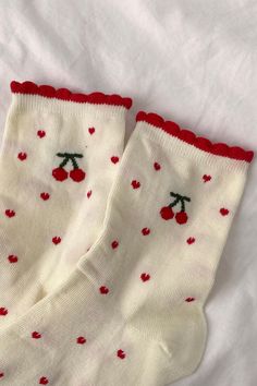 The cutest white heart detail socks with cherries. One size. Cute Socks Aesthetic, Moody Feminine, Cherry Accessories, Cherry Socks, Fish Bags, Cherry Valance, Bach Themes, Svt Concert, Cream Socks