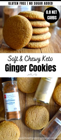 soft and chewy keto ginger cookies on a wooden table