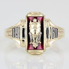 This Vintage Class Ring Is Made Of 10 Karat Yellow Gold And Is A Class Ring From Wendall Phillips High School For The Year 1961. The School's Crest Is Set On The Front, With A Synthetic Red Stone Being Used As A Backdrop For It. Wendall Phillips High Is Located In The Bronzeville Neighborhood Of Chicago, Il. Produced By Jostens And Has "Josten's 10k" Stamped Onto The Inner Part Of The Band. This Ring Can Be Resized By Any Qualified Jeweler. Size: 7.25 Metal: 10 Karat Yellow Gold Weight: 2.65 Dwt Vintage 14k Gold Rings For Commemoration, 1983 Ladies Gold Class Ring, Vintage Class Rings, Class Rings High School Reeds Jewelers, Class Rings High School Vintage, Gold Class, Graduation Rings, Red Gemstones, Red Stone