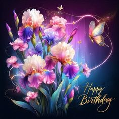 a birthday card with flowers and butterflies in the background, on a dark purple background