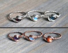 Handmade and unique wire wrapped gemstone rings. These are my own original design. <3 A - Amethyst / size 5.5 / copper B - Rainbow Moonstone / size 7 / sterling silver C - Sunstone / size 9 / copper D - Moss Kyanite / size 5.5 / sterling silver E - Garnet / size 8 / sterling silver F - Rainbow Moonstone / size 10.5 / copper * The wire is solid .925 sterling silver OR copper that has been antiqued and polished. * Purchase will include care info and a polishing pad. Follow me on Instagram @Fractal