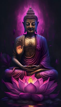 a buddha statue sitting on top of a purple flower