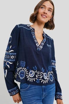 Navy Inga Embroidery Longsleeve Top Fall Cotton Top With Intricate Embroidery, Fall Cotton Embroidered Top With Intricate Embroidery, Fall Embroidered Cotton Top, Long Sleeve Embroidered Top For Summer, Long Sleeve Cotton Top With Tonal Embroidery, Long Sleeve Cotton Top With Geometric Embroidery, Bohemian Cotton Blouse With Tonal Embroidery, Indigo Long Sleeve Tops With Floral Embroidery, Long Sleeve Indigo Tops With Floral Embroidery