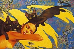 a painting of a woman with black cats on her head and the image of a woman's face