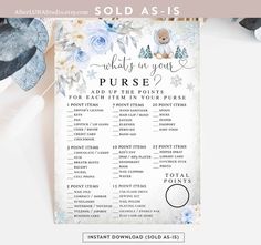 a white and blue floral wedding game with the words, what's in your purse?