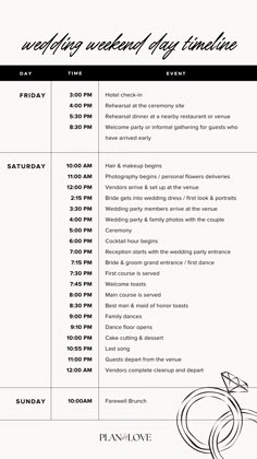 the wedding weekend schedule is shown in black and white