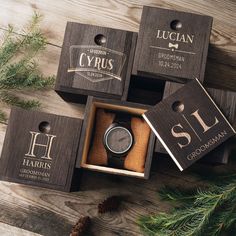 Looking for a unique and thoughtful gift for your loved one? Look no further than our personalized wood watch with a box. Crafted from high-quality wood, this watch is the perfect way to show your love and appreciation for your groomsmen, husband, boyfriend, or father.  With its customizable engraving, you can add a personal touch that will make this gift truly one-of-a-kind. Plus, the included wooden box adds an extra layer of elegance and sophistication. Featuring a durable leather strap and r Groomsmen Watches, Groomsmen Gift Set, Groomsmen Gift Box, Wood Anniversary Gift, Wood Anniversary, Wedding Gifts For Groomsmen, Watch Engraving, Minimalist Watch, Groomsmen Proposal