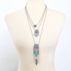 Boho Multi Strand Necklace Silver Look Findings Turquoise Look Stones Tags Boho Festival Southwestern Coachella Bonnaroo Wanderlust New Without Tags Light Blue Bohemian Dangle Jewelry, Silver Multi-strand Beach Jewelry, Bohemian Light Blue Jewelry For Festivals, Bohemian Long Silver Turquoise Necklace, Adjustable Light Blue Turquoise Necklace In Bohemian Style, Bohemian Silver Turquoise Necklace For Beach, Blue Turquoise Metal Necklace, Blue Bohemian Necklace, Bohemian Blue Necklace