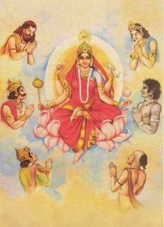 an image of the hindu god sitting on lotuses and surrounded by other people in various poses