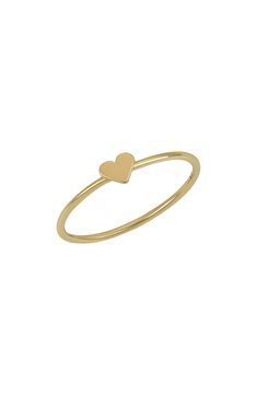 A polished heart setting adds a romantic glow to this stacking ring handcrafted from 14-karat gold. 14k gold Made in Spain Elegant Gold Heart Ring Hallmarked, Classic Hallmarked Yellow Gold Heart Ring, Adjustable Stackable Yellow Gold Heart Ring, Formal Gold Heart Ring, 14k, Yellow Gold Round Heart Ring, Tarnish Resistant, Bony Levy, Gold Rings Simple, Stacking Rings, Heart Ring