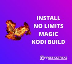 the words install no limits, magic kodi build and an image of a bird on fire