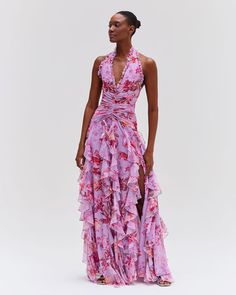 HAND-BEADED LACE TOP (EXCLUSIVE) Purple Floral Dress Long, Rainbow Maxi Dress, Dramatic Skirt, Spring 2023 Runway, Moh Dress, Momma Mia, Formal Fits, Colorful Maxi Dress, 2024 Runway